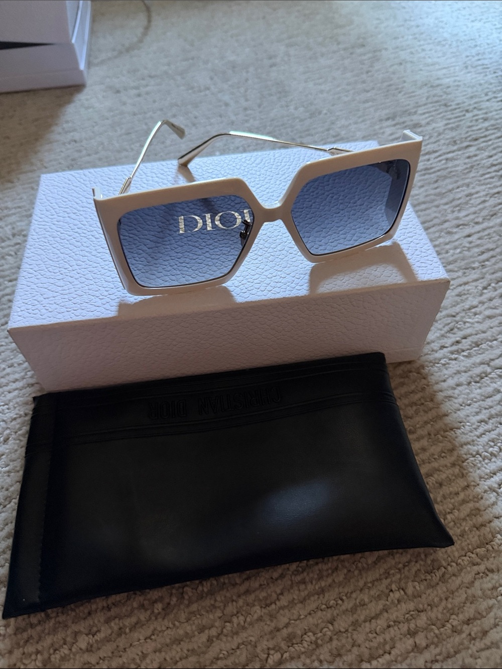Dior White Frame Blue Lens Women's Sunglasses - Square Fashion Sunnies